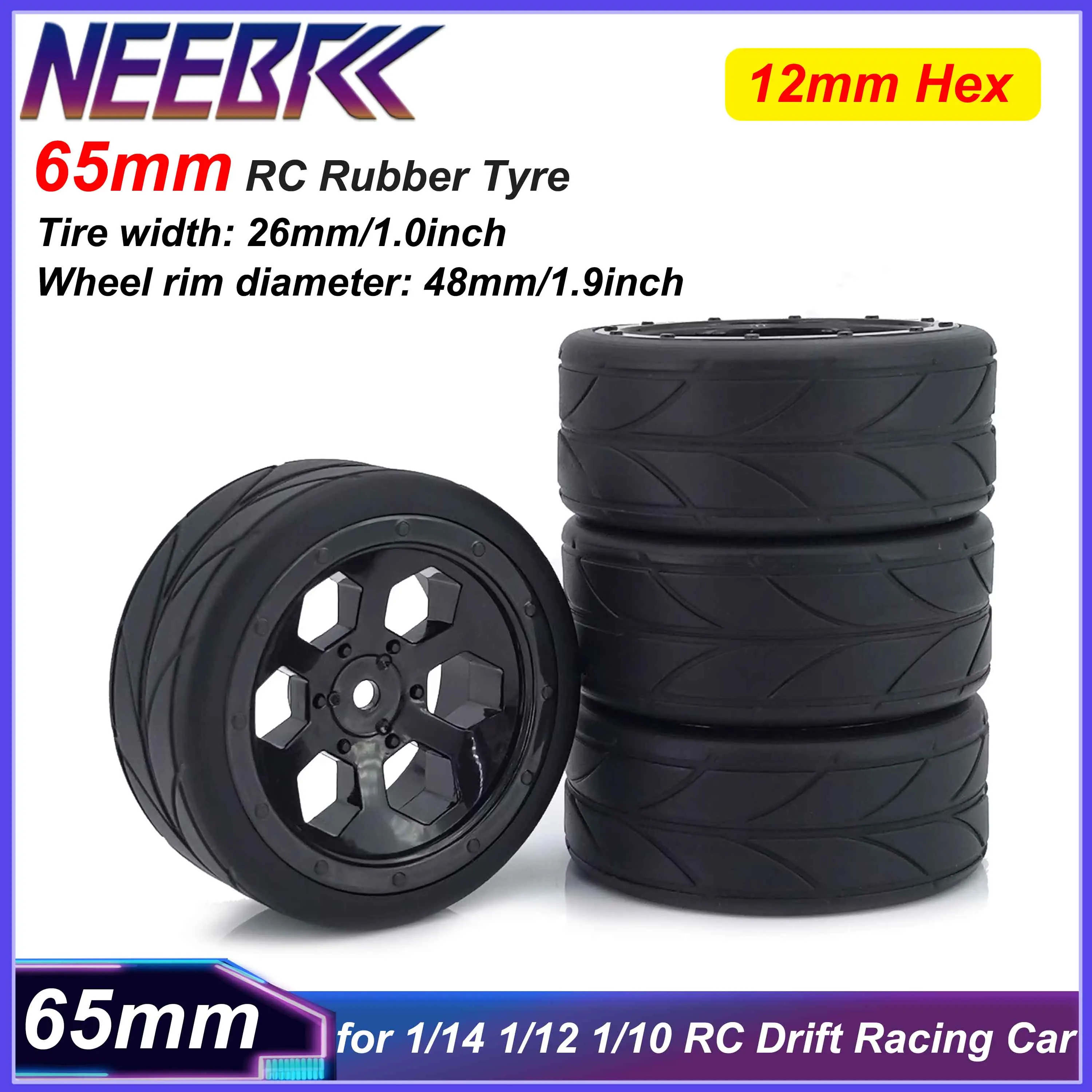 

NEEBRC 4PCS 65mm RC Rubber Tyre 12mm Hex Wheel Rim Tires for 1/14 1/12 1/10 RC Drift Racing Car Model Wltoys 144001 HSP Trx4m