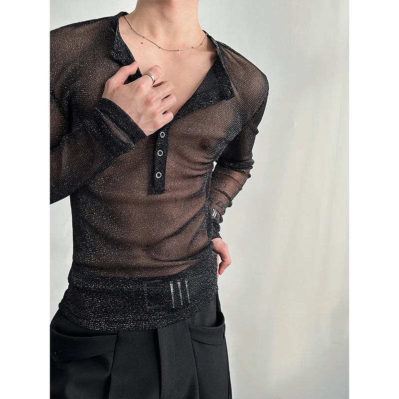 Men's Long Sleeve Mesh Shirt See through Sexy Lapel Streetwear Party Top Masculina 2026 Personalized Camisa for Man