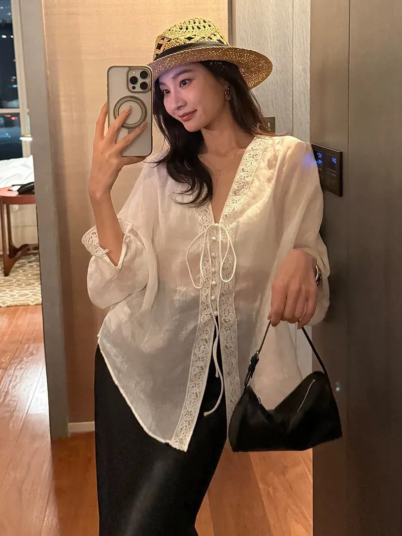 

French Style Sun Protection White Silk Chiffon Shirt Jacket Women's Summer Strap Outerwear Lace Cover up Thin Veil Coat