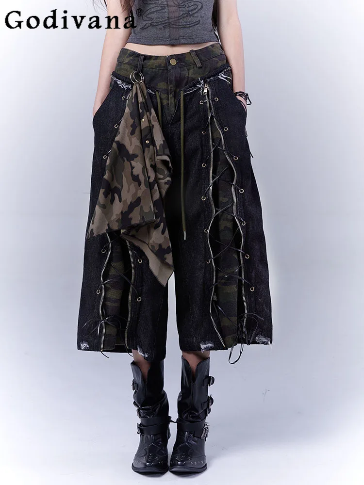 

Summer New Loose Low Waist Sexy Lace-up Punk Seven-point Jeans Sweet Cool Girl Fashion Personality Versatile Age-reducing Pants