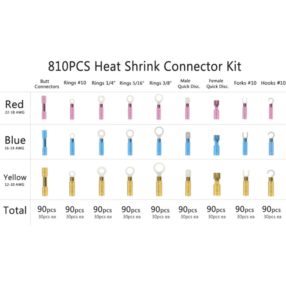 810PCS Heat Shrink Electrical Wire Crimp Connectors - Insulated Marine Wire Terminal Kit - Ring Fork Hook Spade Butt Splices