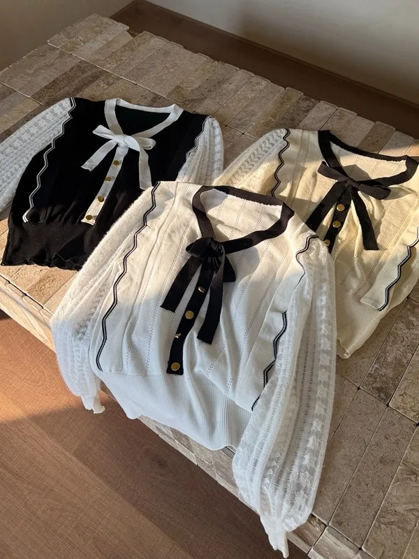 เสื้อสเวตเตอร์ถักไหมพรมคอวีสไตล์เกาหลีสำหรับผู้หญิง รุ่นใหม่ล่าสุดสำหรับฤดูใบไม้ร่วง ดีไซน์ผูกโบว์คาดเอว แต่งผ้าแบบต่อผ้า สไตล์เกาหลี