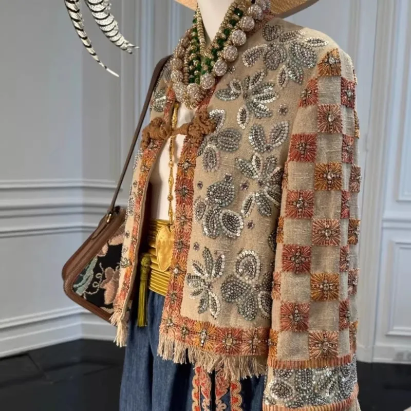 Luxury Handmade Sequined Embroidered Linen Jacket Shining Rhinestone Retro Buckle Tassel Short Coat For Women
