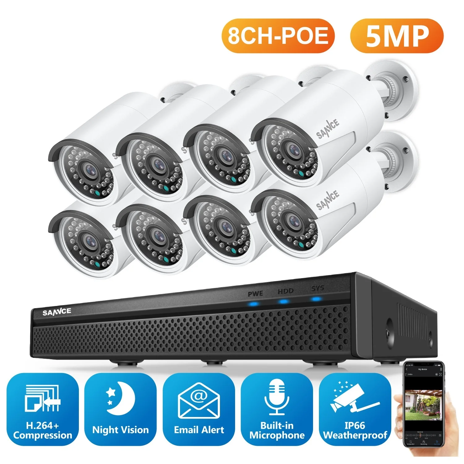 Top 5MP POE Video Surveillance Cameras System 8CH H.264+ 5MP NVR Recorder 5MP Security Cameras Audio Recording POE IP Cameras