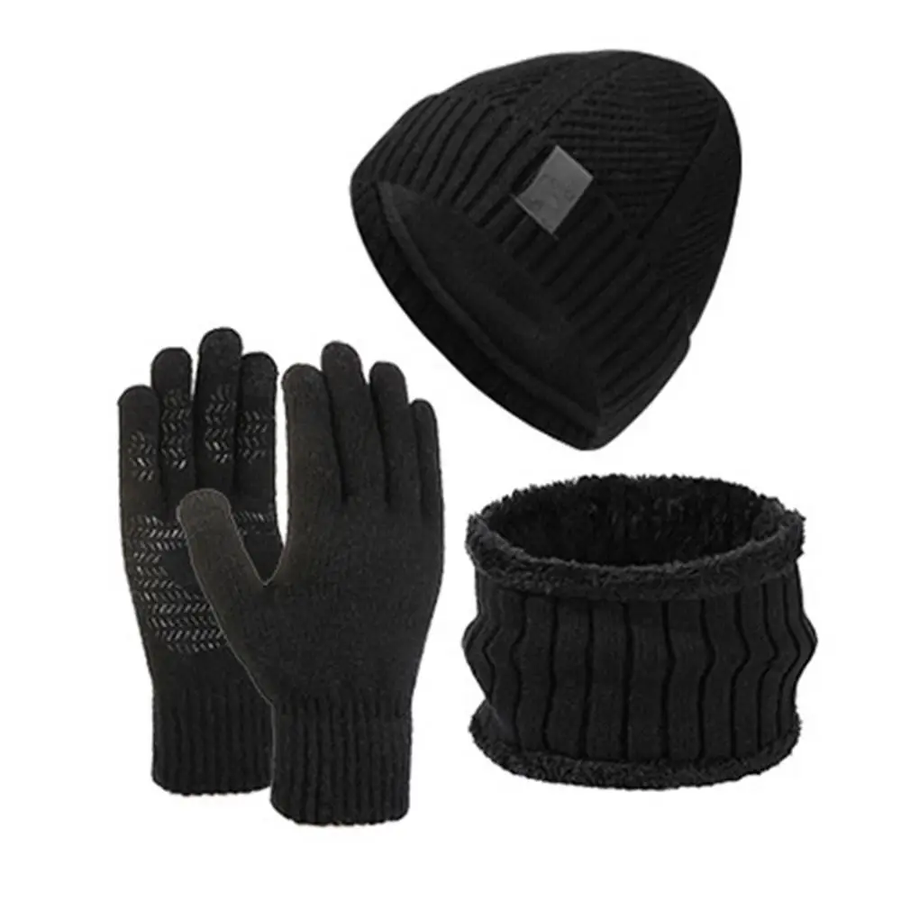 3Pcs/Set Warm Winter Hat Scarf Gloves Set Non Slip Lining Knit Beanie Snood Set Thicken Elastic Scarf Neck Warmer Suit for Men