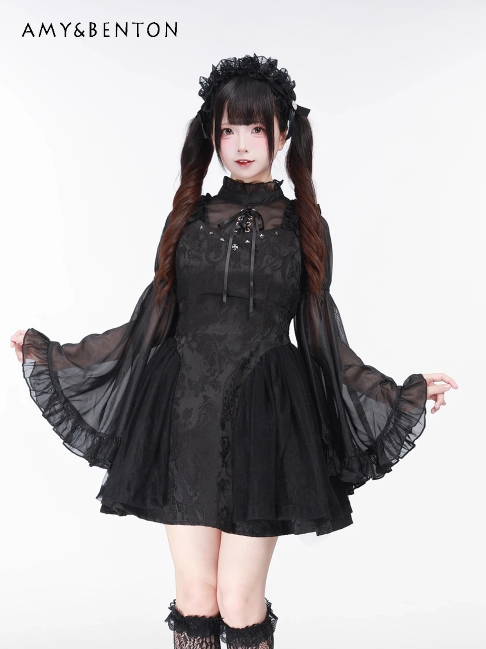 

Серия Mine, милый костюм Лолиты, японская милая рубашка с роговыми рукавами, мини-платье с заклепками и рюшами по краям, высокой талией и подтяжками