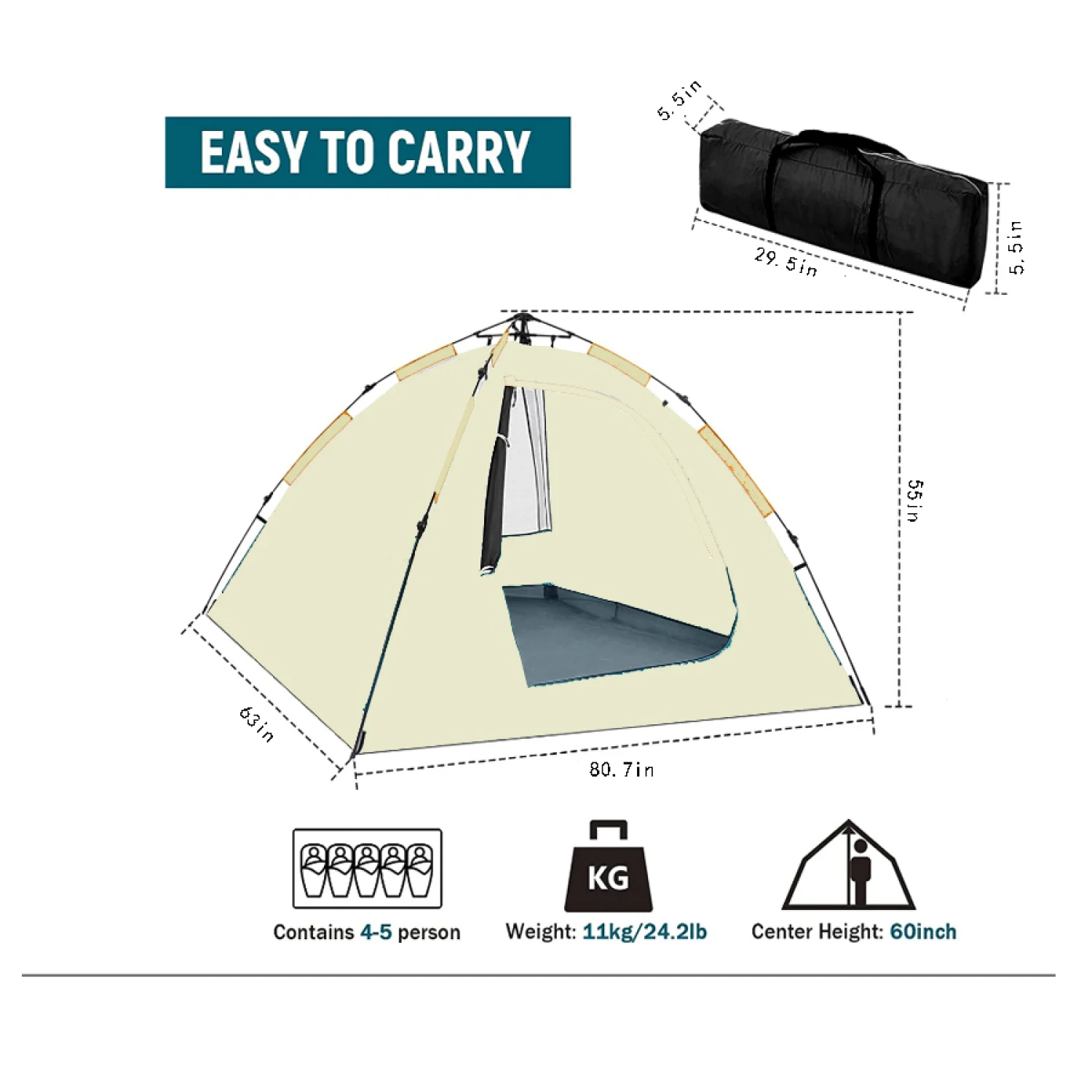 Camping dome tent is suitable for 2/3/4/5 people, waterproof, spacious, portable backpack tent, suitable for outdoor camping/hik