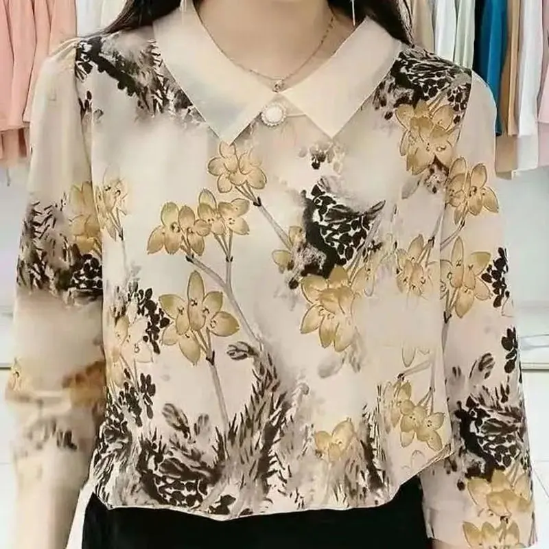 Casual Loose Floral Printed Chiffon Shirt Female Half Sleeve Chic Three-dimensional Decoration Stylish Peter Pan Collar Blouse