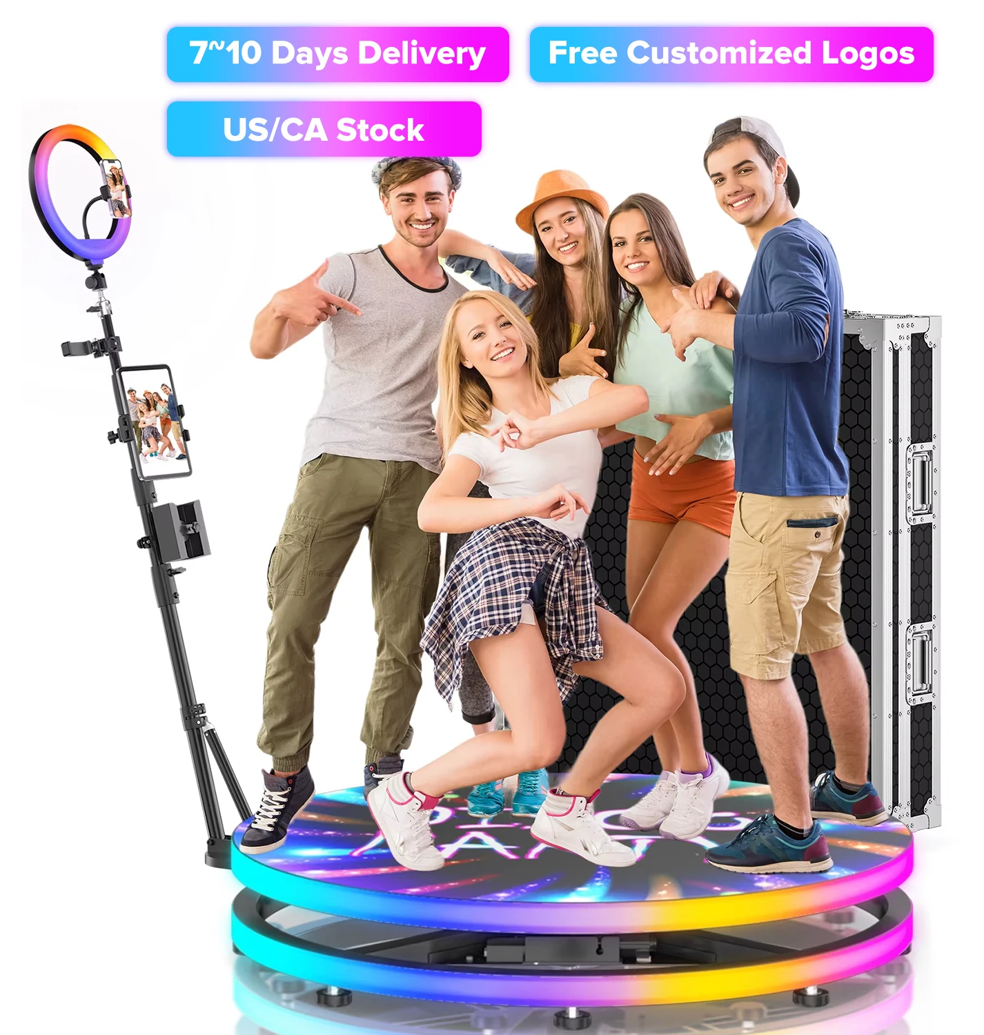 

Фотобудка 360° для мероприятий с кейсом для полетов. Автоматическая фотобудка 360° с кольцевым светильником RGB. Приложение/дистанционное управление для вечеринок.