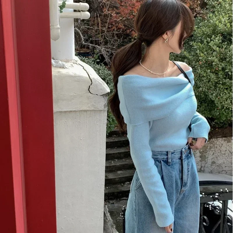 Komiyama Feminino Off Shoulder Slash Neck Sweater Women Long Sleeve Knitwears Spring AutumnY2k Clothes Elegant Pullover Tops