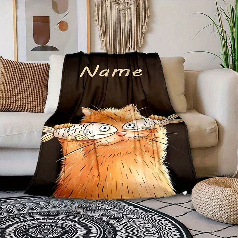 Customized personalized cat fish blanket with soft flannel wool, digital printing, charming blanket for all seasons, animal them
