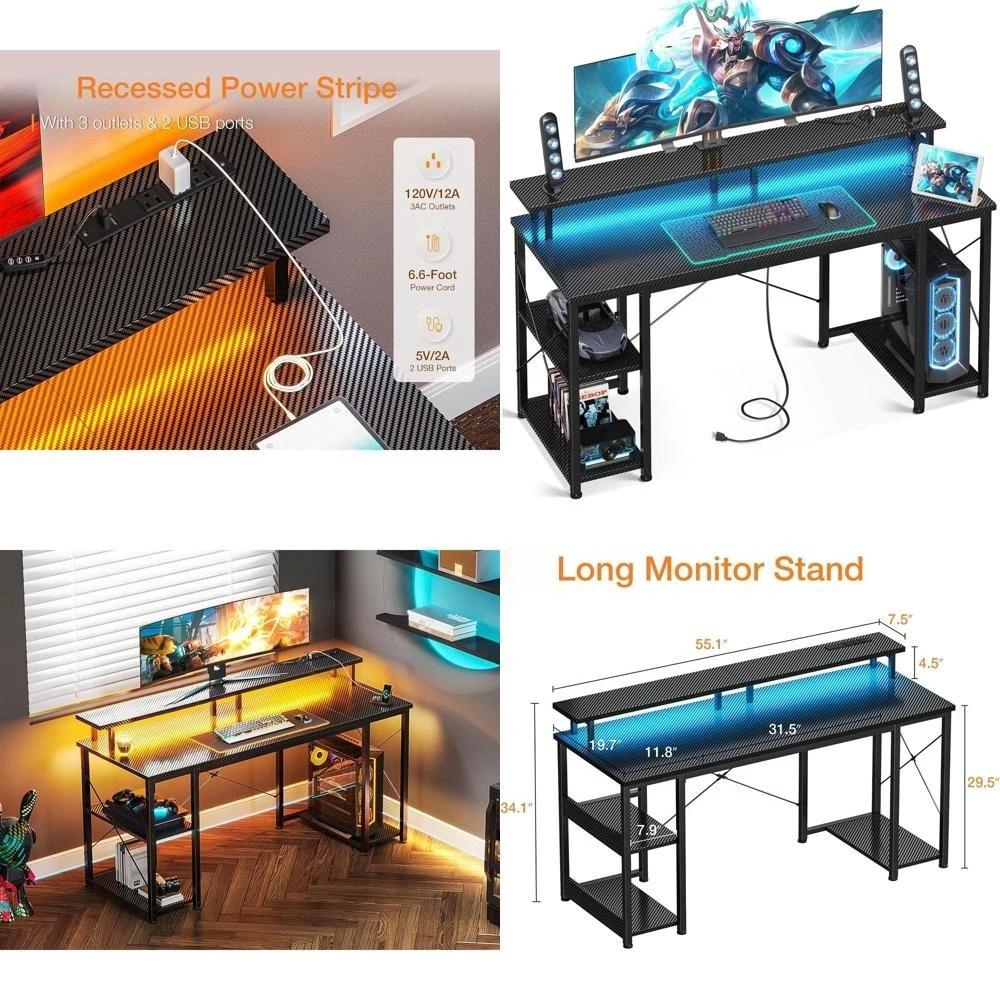 

55 Inch Carbon Fiber Gaming Desk with LED Lights, Monitor Stand, and Power Outlets, Storage Shelves for Home Office