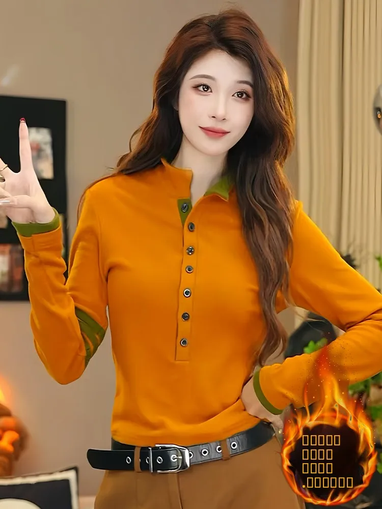 Dwustronny T-shirt z długim rękawem, damski, modny, z blokami kolorów, przeciwstarzeniowy, do pracy, styl koreański...