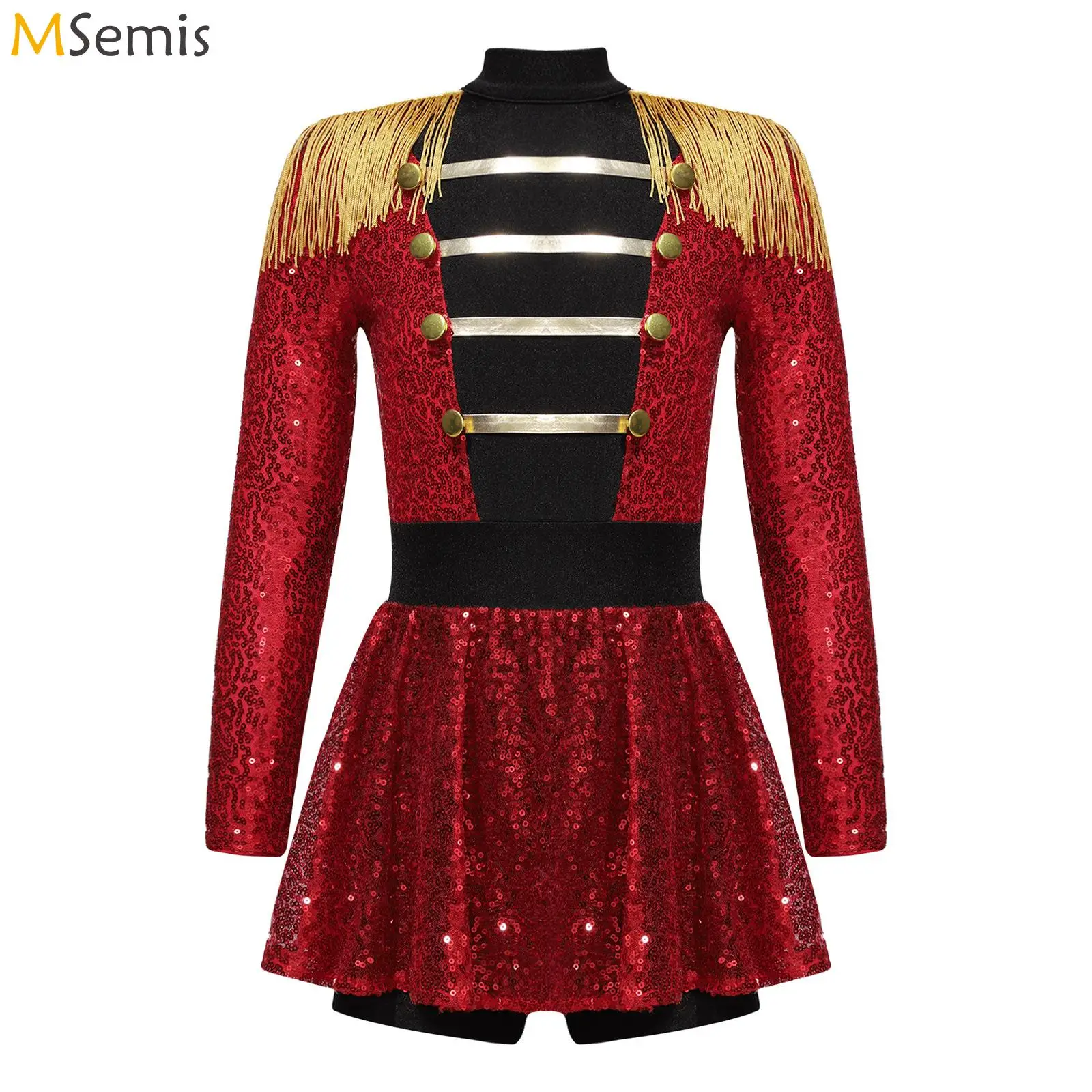 

Halloween Ringmaster Circus Costume Sequins Long Sleeve Tassel Epaulet Bodysuit Dance Dress for Cosplay Performance 6-16Years