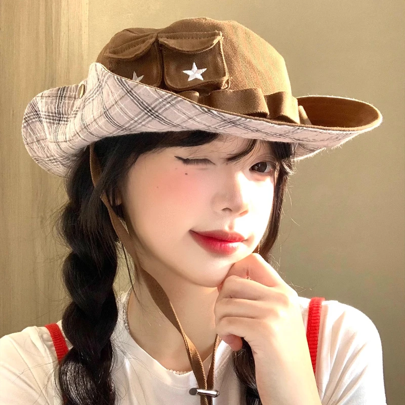 

Y2K шляпы-ведра с карманами и вышивкой звезд, женские летние осенние шляпы-ведра для кемпинга, защиты от солнца, кепка для отдыха и пешего туризма