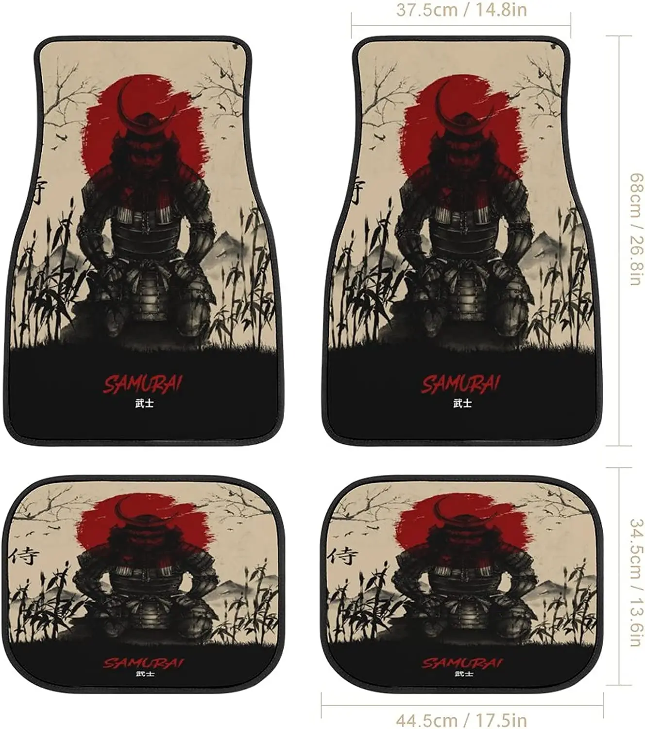 Samurai Vintage Japan Art Car Mats Universal Fit Car Floor Mats Fashion Soft Waterproof Car Carpet Front&Rear 4 Pieces Full Set