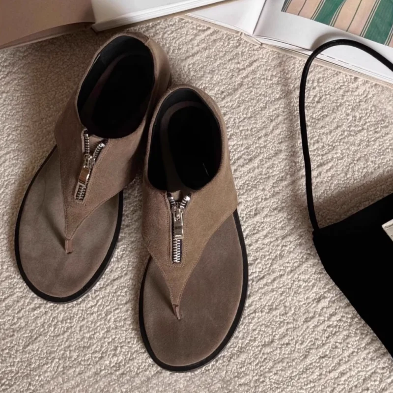 

New Clip Toe Front Metal zipper Sandals Comfort Flat Cover Heel Sexy Fashion Brand Women Shoes Summer Casual Suede Leather Women