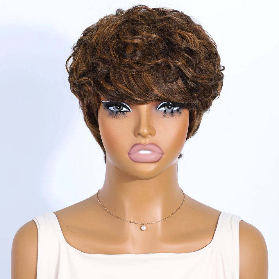 Rebecca Mixed Brown Short Pixie Cut Curly 100% Human Hair Wig For Women Brazilian Remy Hair Colored Side Part Full Machine Wigs