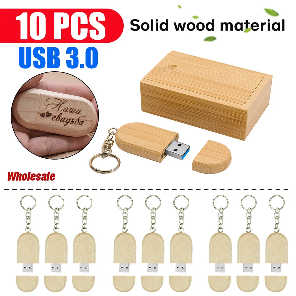 Clé USB en bois avec logo gratuit personnalisé, clé USB 128, clé USB 3.0, 64 Go, 16 Go, 32 Go, boîte en bois, cadeau de mariage, 10 pièces