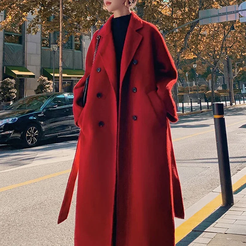 Outono e inverno feminino 2022 temperamento de comprimento médio grosso de lã de manga comprida jaqueta feminina tendência vermelho elegante casaco de lã