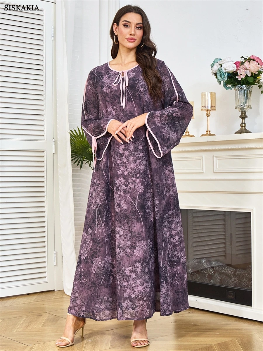 Siskakia Muslim Casual Loose Floral Print Abaya Dubai Woman Bow Long Sleeve Dress Fashion Round Neck Kaftan