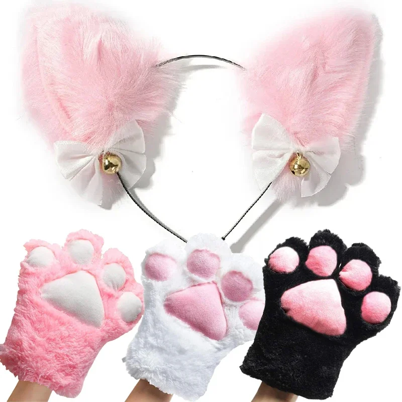 Lolita Cat Ear Paw Gloves Hairband Dance Prom Halloween Cat Ears Headwear Cosplay Cat Ear Anime Party Costume Bell Headwear