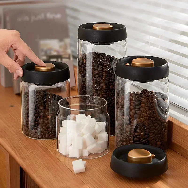 500/900/1200/1800mL Press Vacuum Sealed Glass Storage Jar Coffee Beans Tea Food Storage Container Kitchen for Household Items