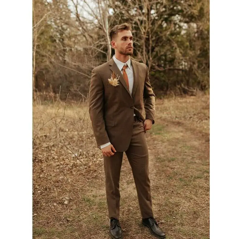 Elegant Brown Suits for Men Notch Lapel 2 Piece Jacket Pants Male Clothing Slim Fit Formal Business Wedding Party Blazers Sets