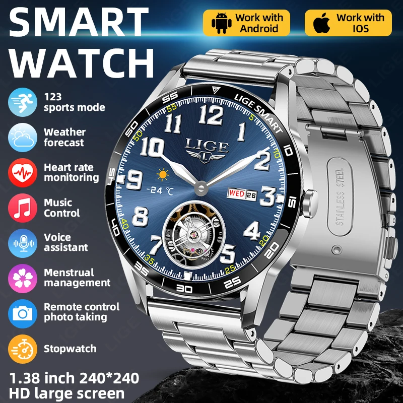 

LIGE Smart Watch Luxury Sport Fitness Tracker Sleep Health Monitor Bluetooth Call AI Voice Waterproof Smartwatch For IOS Android