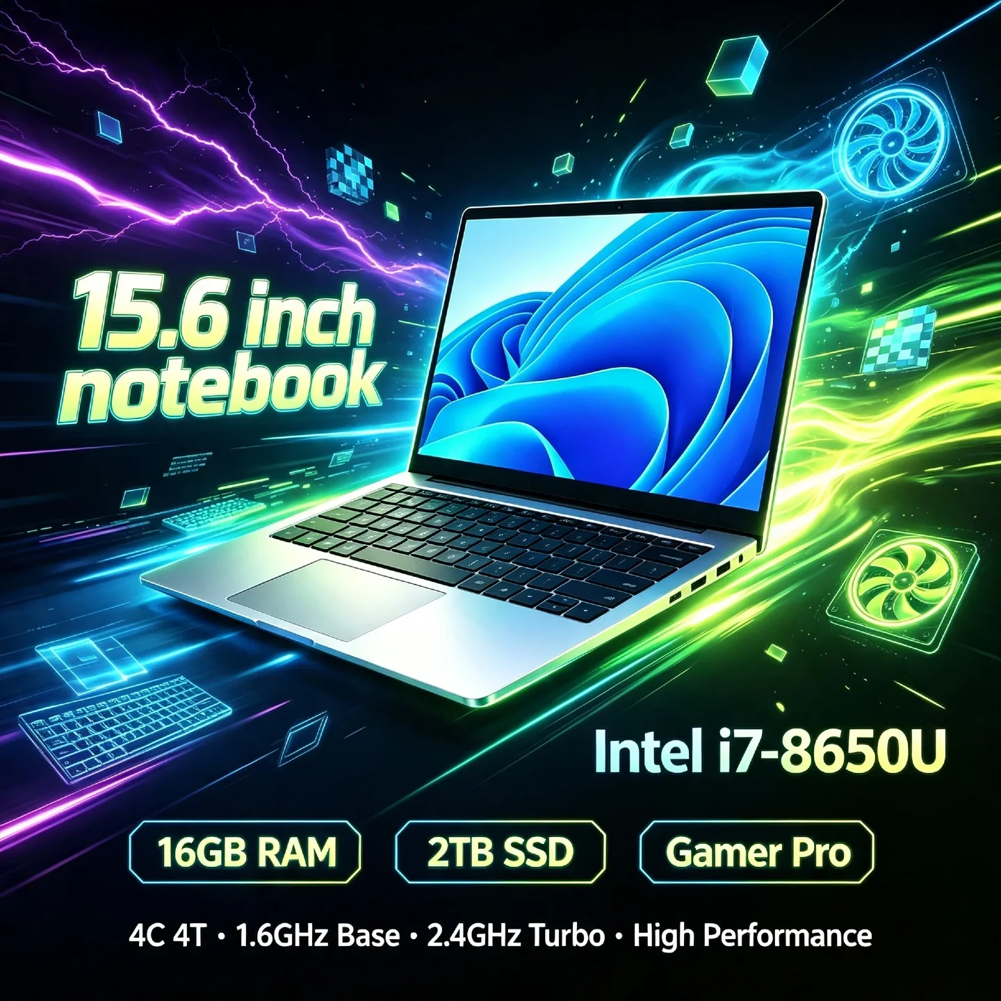 Intel i7 8650U 15.6 Inch Laptop 32GB RAM 1TB SSD 2TB SSD 1920x1080 Gamer Notebook Office PC High Performance Pro Unit