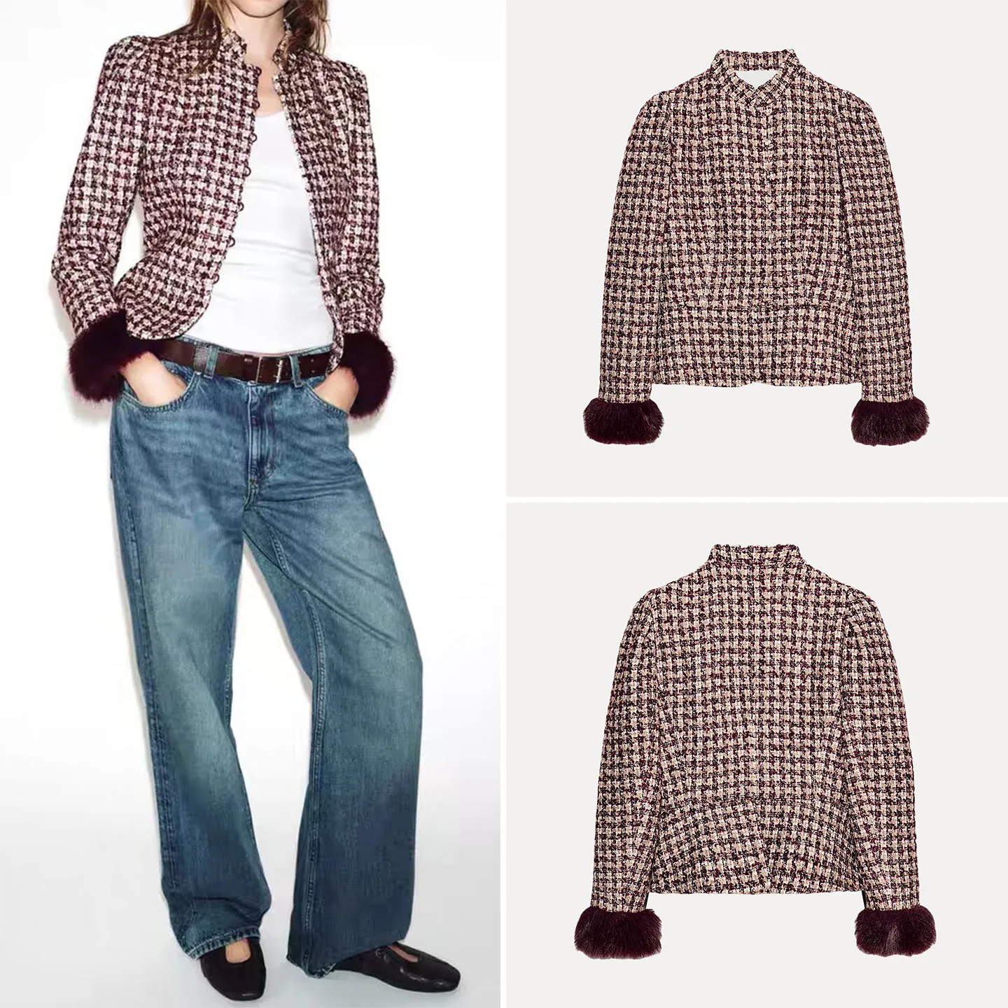 

Модный женский костюмный пиджак Ele Fashionable, зима 2025, с коротким рукавом, на пуговицах, в клетку, с длинным рукавом, из других материалов, 00%