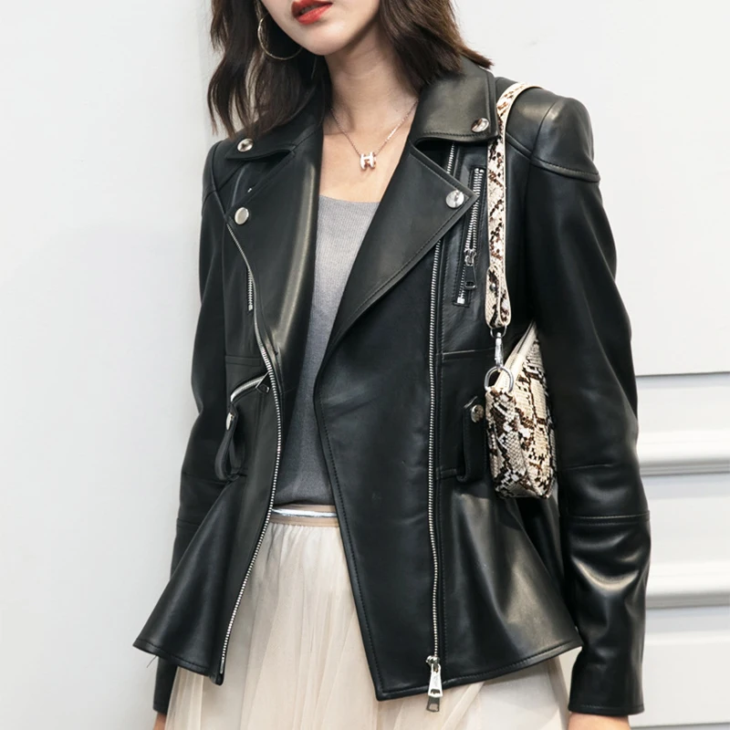 2023 Women's Moto Biker Zipper Jacket Spring Medium and Long Sheepskin Slim fit Coat Office Lady Ruffles Lapel Genuine Leather J