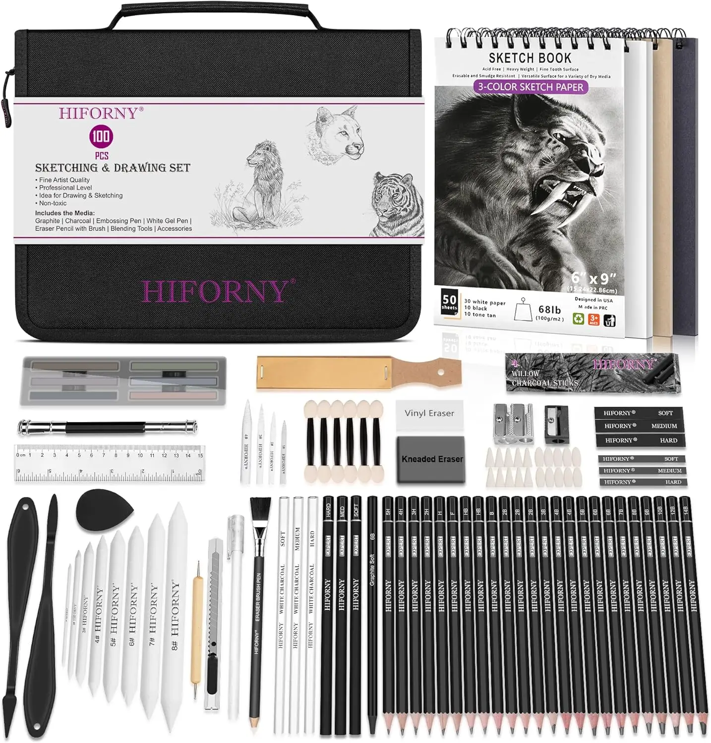 

100 Pcs Drawing Set, Sketching Kit with Graphite, Charcoal & Blending Tools, Portable Case for Artists Beginners