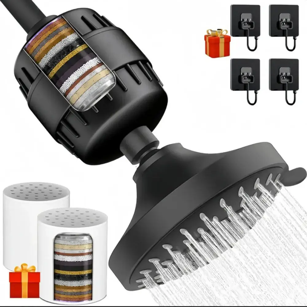 High Pressure Shower Head With Filter 5 Spray Settings Rainfall Handheld Bathroom Sprayer Chrome Water Purifying Nozzle Set