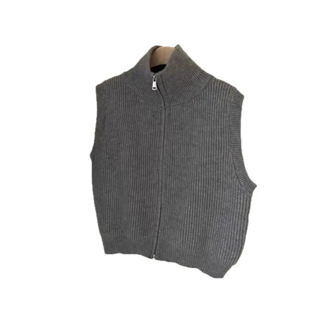 

Slimming High Collar Double Zipper Knitted Vest Women Loose Personality Autumn Winter New Style Sweater Cardigan Tank Top
