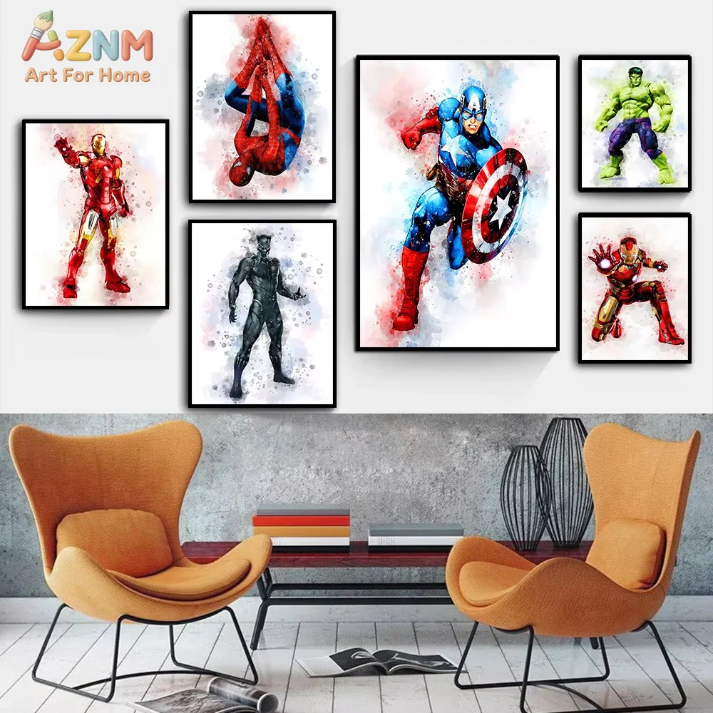 Graffiti Marvel Movie Posters Watercolor Wall Art Spider-Man Iron Man Captain America Hulk Black Panther Canvas Decor Paintings