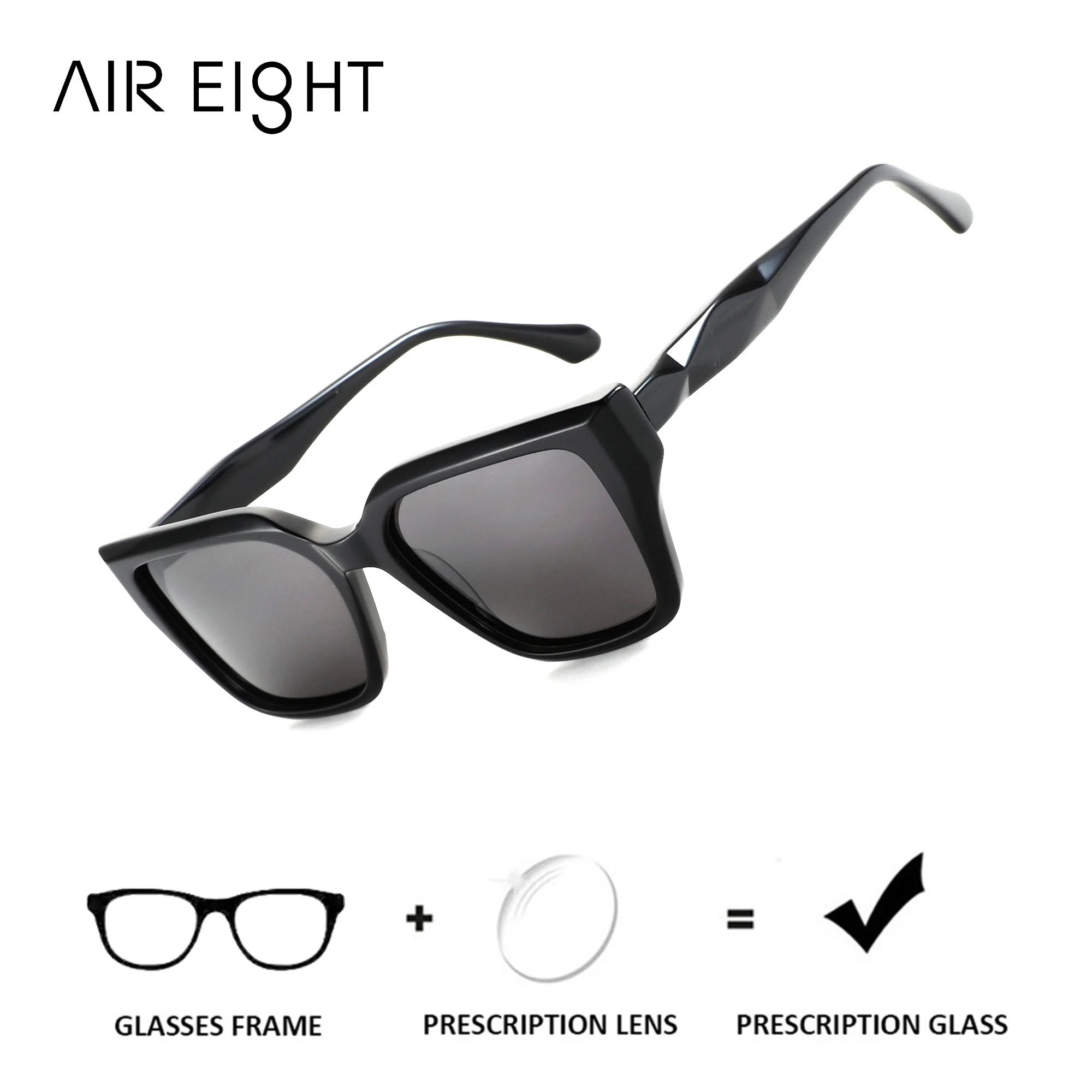 AIR EIGHT M Size Square Handmade Acetate Prescription Sunglasses For Men Polarized UV400 Classic Business Eyewear
