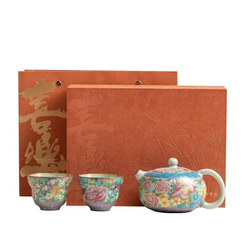Colorful Flowers Tea Ceremony Accessories Xishi Pot One Pot and Two Cups Set Ceramic Teapot Household Kung Fu Tea Set Souvenir