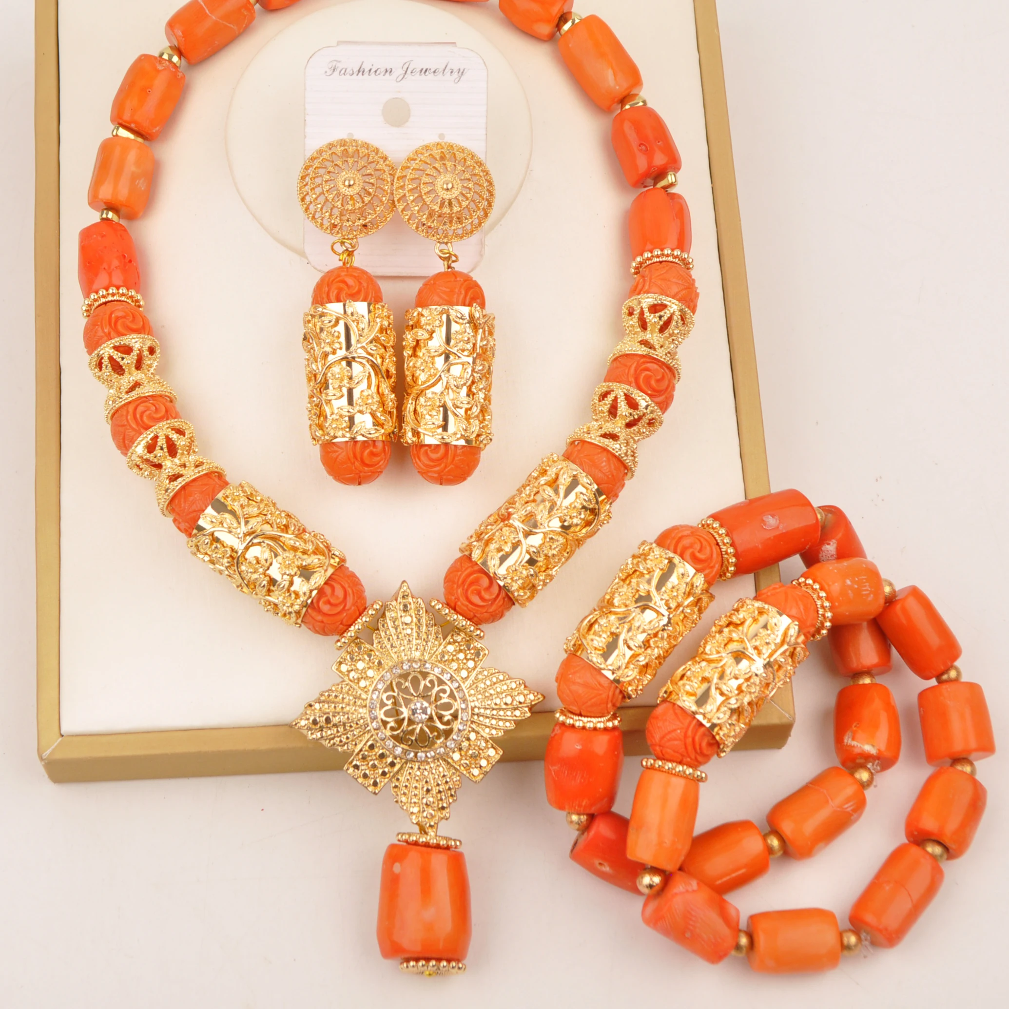 

African Wedding Couple Jewelry Orange Nigerian fashion natural coral bead necklace set