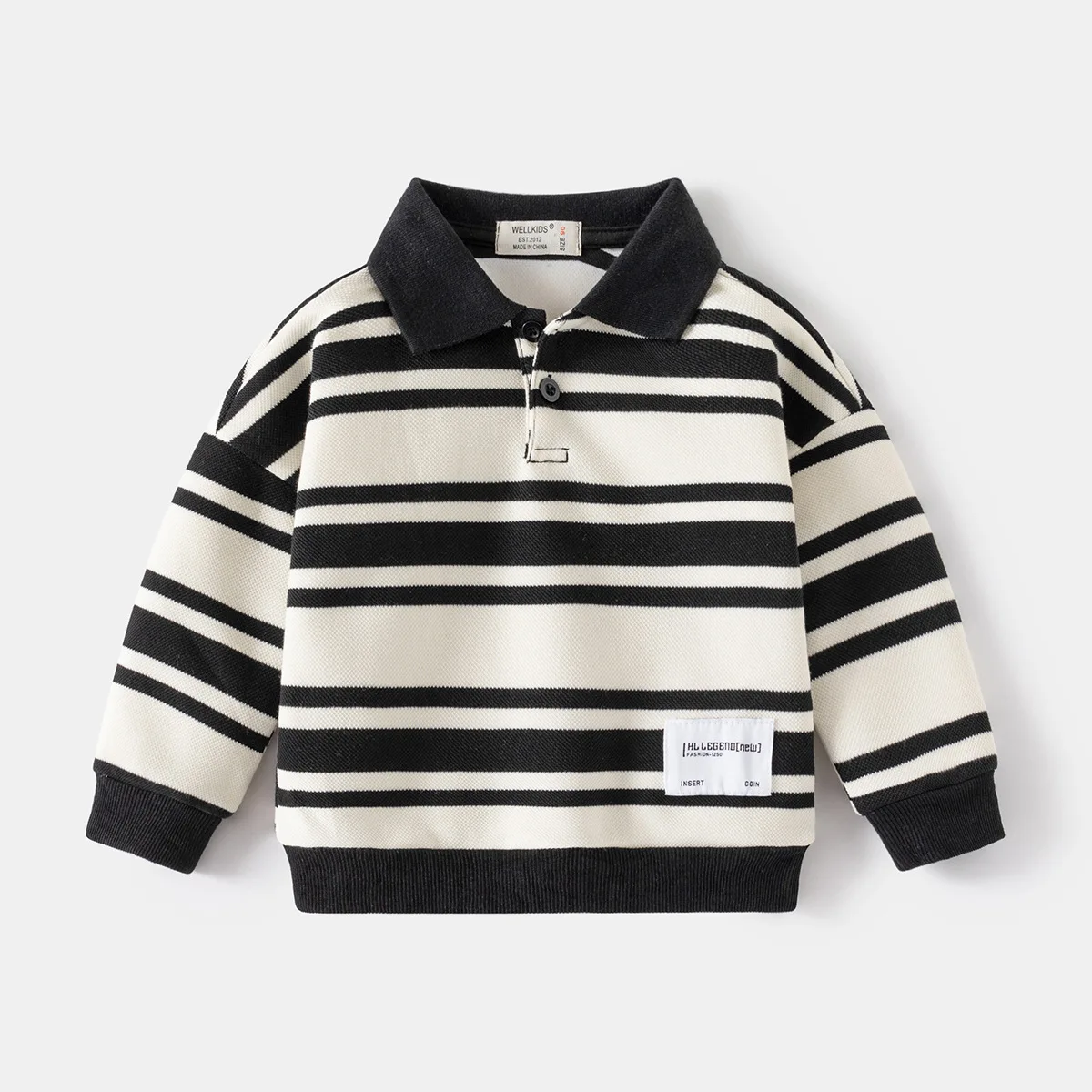 Spring Autumn Children's Black-beige Striped Polo Collar Long Sleeve Kids Sweatshirt Boys' Turn-down Collar Pullover 3-8 Years