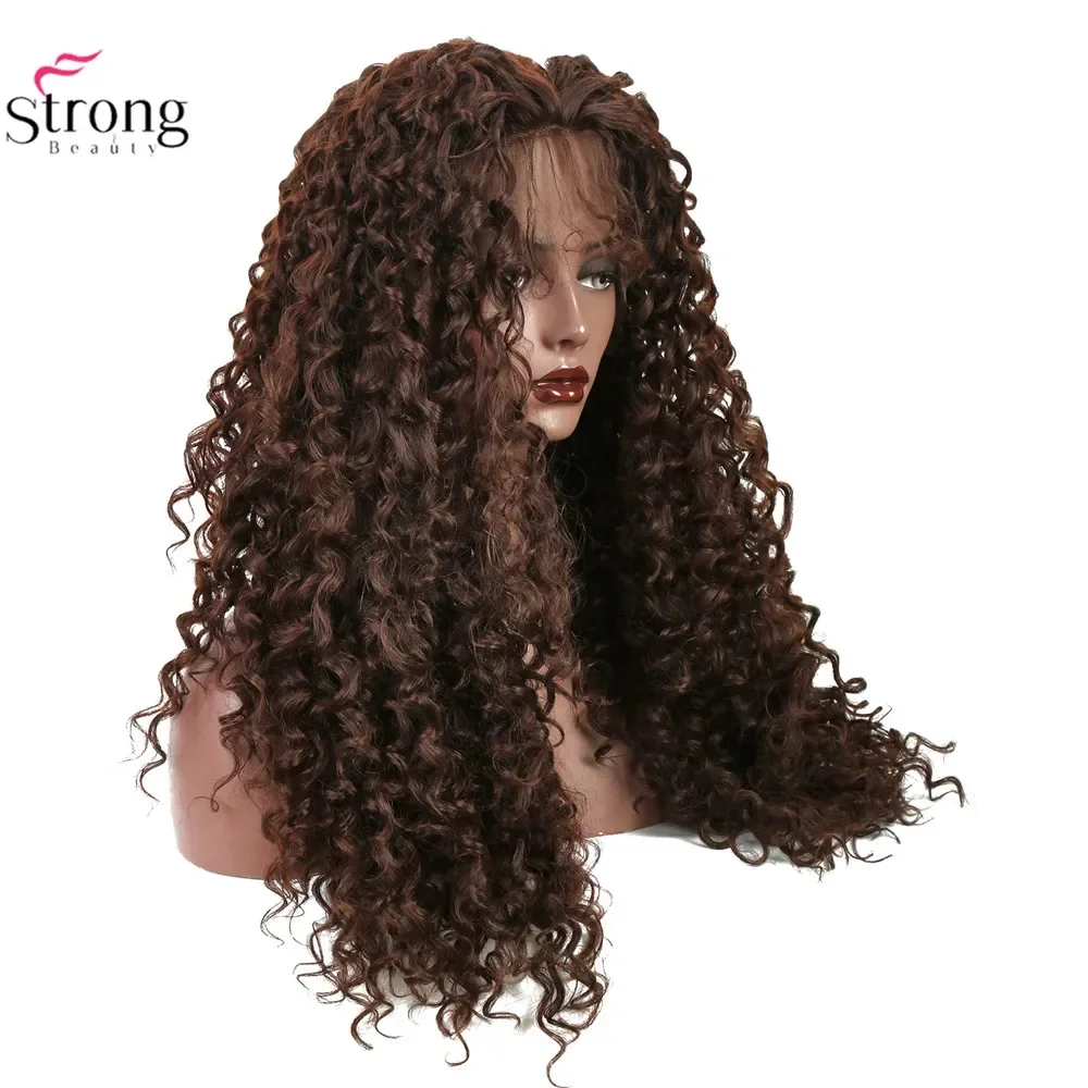 Strongbeauty-合成レースフロントウィッグ24 ",女性用ヘアエクステンション,カーリー,ブラウン