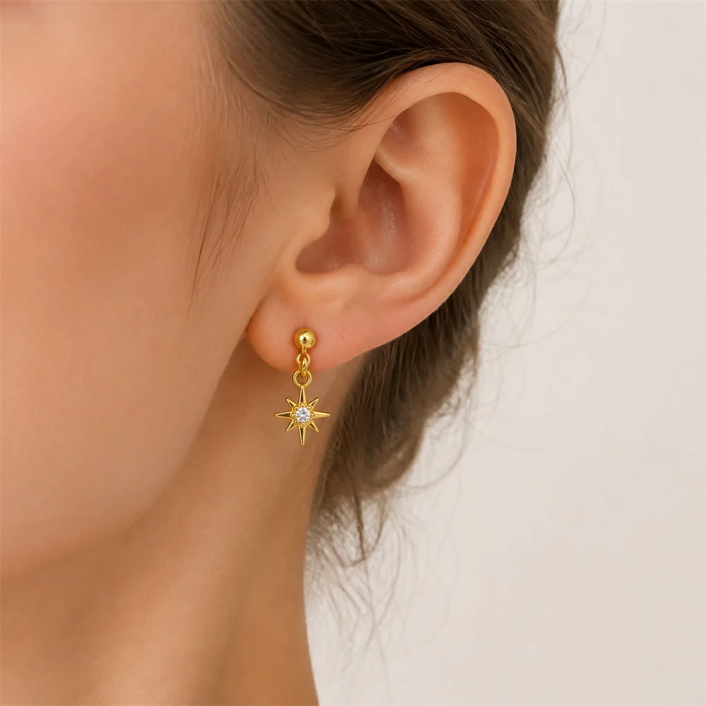 Super Delicate 18K Gold Plated Star With Clear Gem Paving Stud Earrings For Women Girl Dainty Party Office Shiny Jewelry Gift