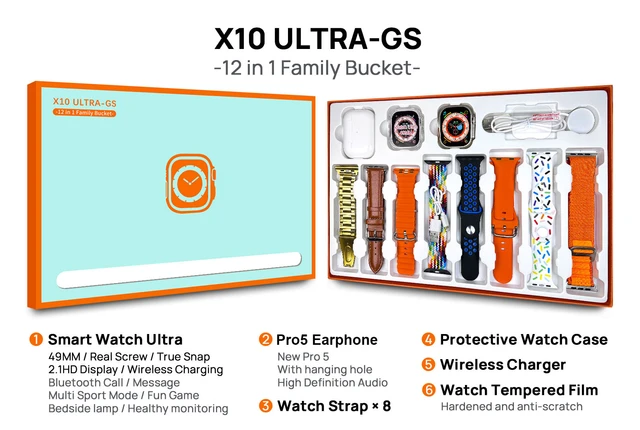 Reloj inteligente X10 Ultra para hombre y mujer accesorio de pulsera resistente al agua con 8 estilos de correa auriculares pelicula funda y cargador inalambrico 12 en 1 AliExpress