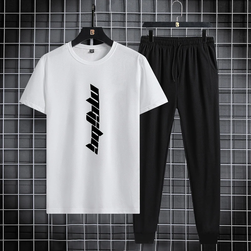 Summer new men\'s round neck quick drying casual sports and fitness breathable short sleeved+long pants set, two-piece set