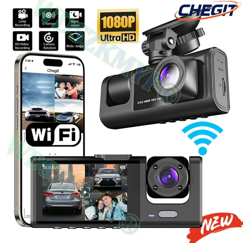 Imagen 1 del producto Cámara de salpicadero WIFI, 3 cámaras, 1080P, DVR para coche, 2/3 lentes, grabadora de vídeo, caja negra, cámara de salpicadero, grabación en bucle automático, accesorios para coche
