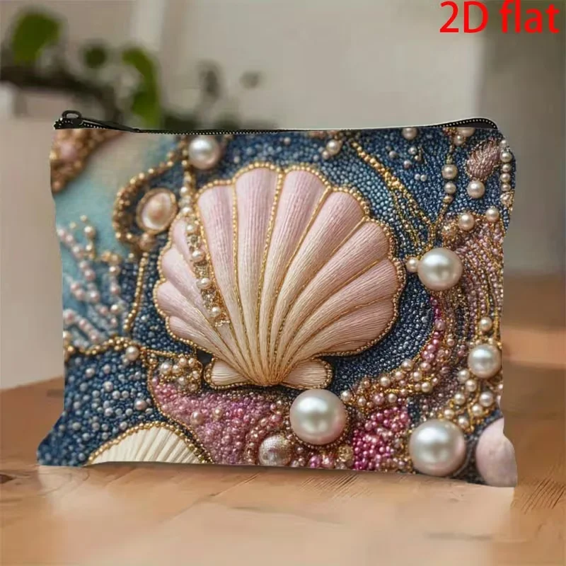 Seashell & Makeup Bag -Toned Nautical Clamshell Design Zipper Closure Turquoise Blue Pink Organizer, Beach Accessory Pouch Bag