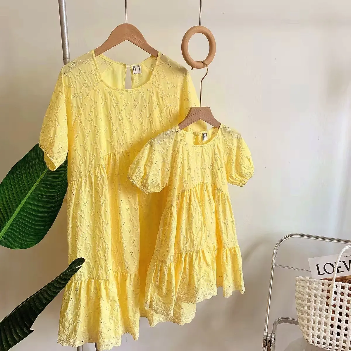 Mom and Daughter Holidays Dress Women Short Sleeve Frock Mother Baby Girls Beach Yellow Dresses Vacation Look Children Clothing