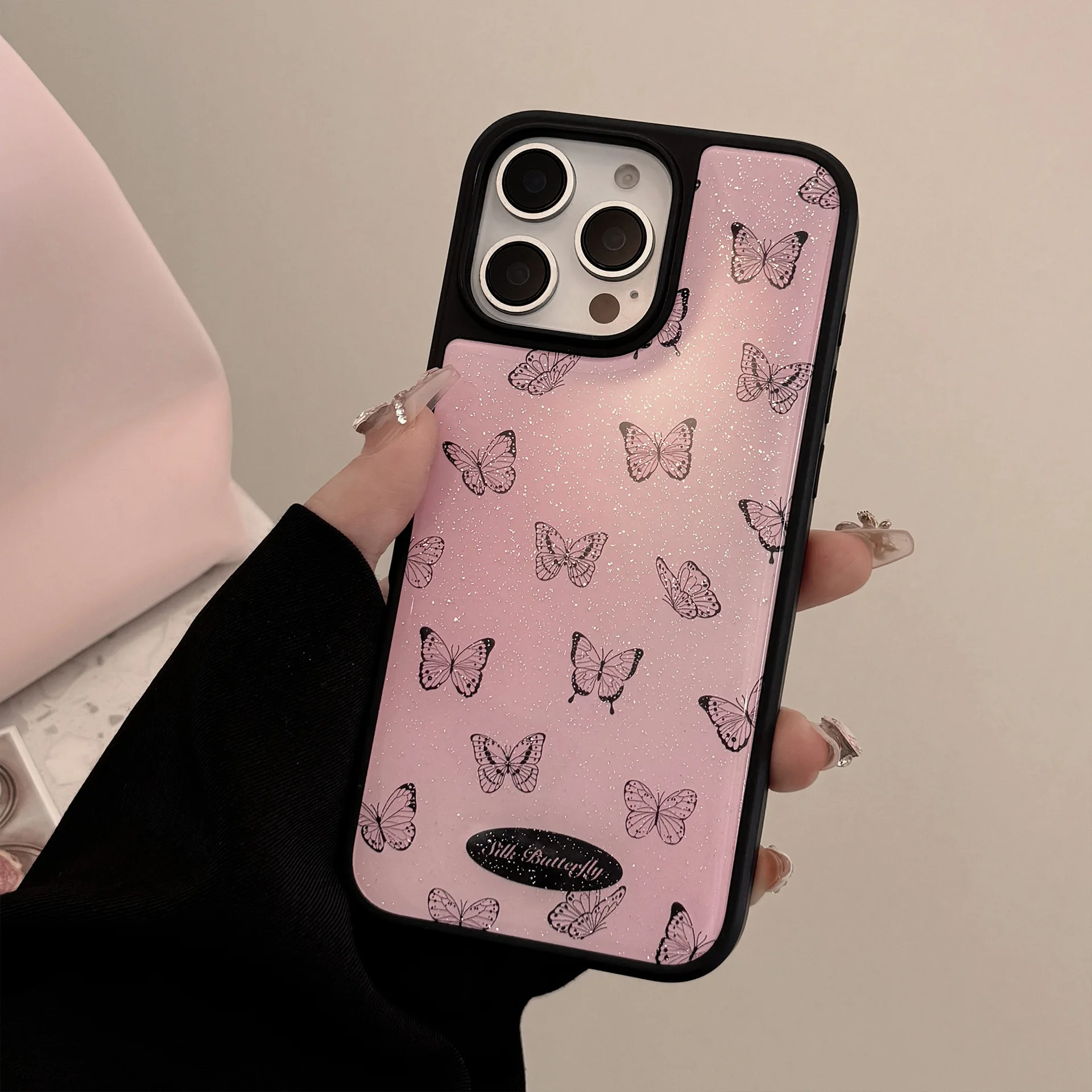 Korean Glitter Black Butterfly Pattern Drop Glue Phone Case for iPhone 17 Air 15 13 11 12 14 16 Pro Max Shockproof Hard Cover view 5