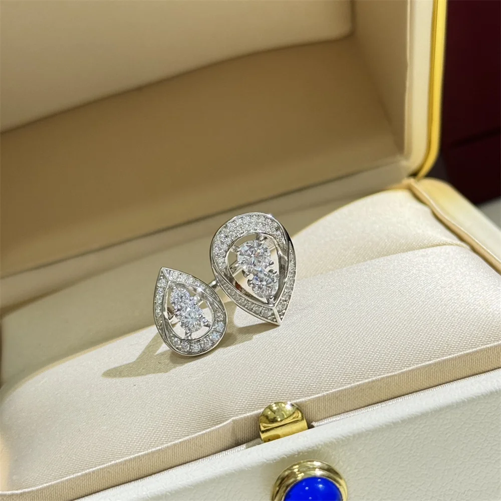 Pear Shaped Double Water Drop Hollowed Out Open Ring Super Sparkling Full Diamond Ring High-End Feeling 2024 New Ring