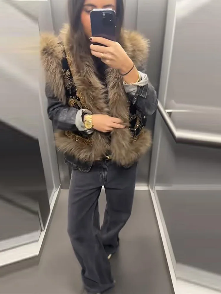 Embroidery Fur Patchwork Women's Vest Elegant Sleeveless Open Stitch Short Jacket 2026 Spring Vintage Lady Daily New Outerwear